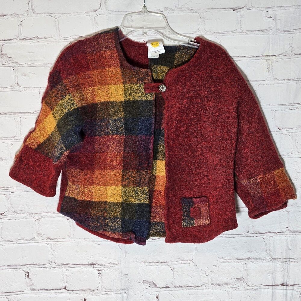 Vintage Les Vêtements Colorblock Plaid Boucle Jacket Silk Blend Red Size M Y2K